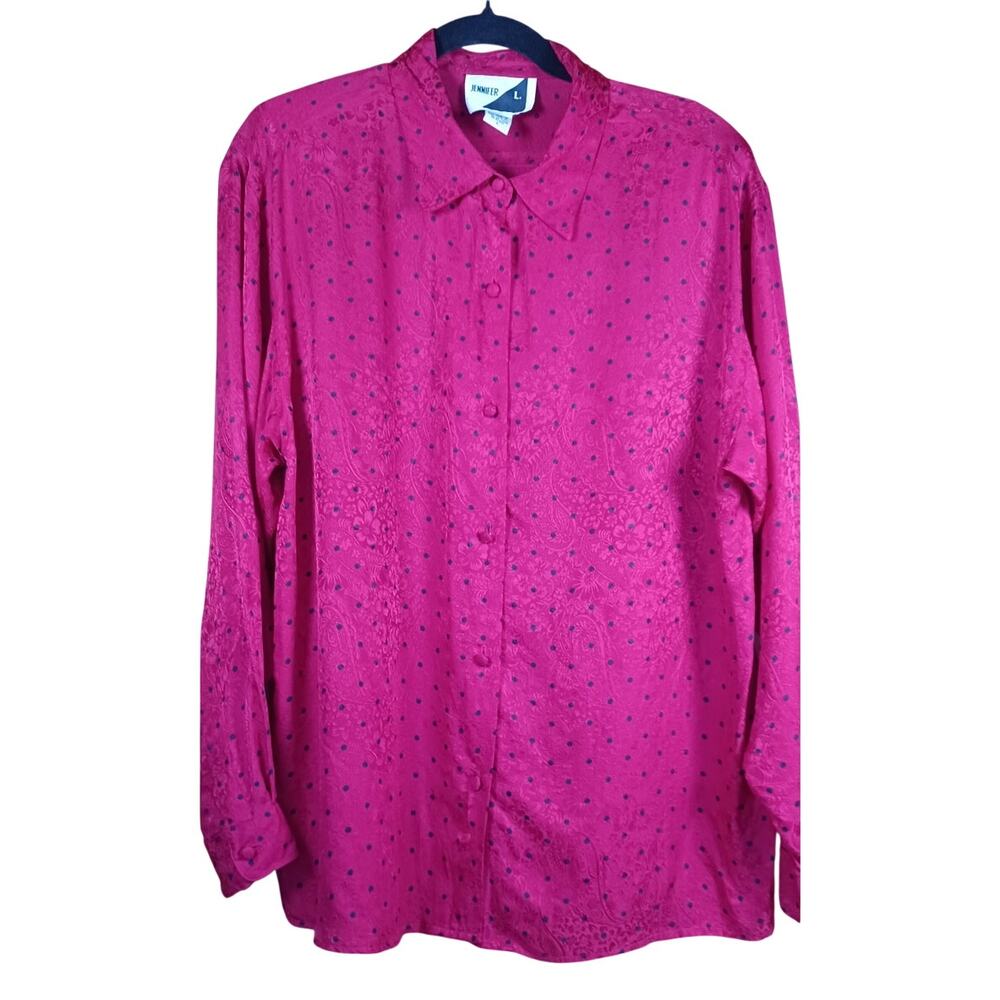 Vintage Jennifer L. 100% Silk Polka Dot Blouse Red Black Size Large 80s 90s